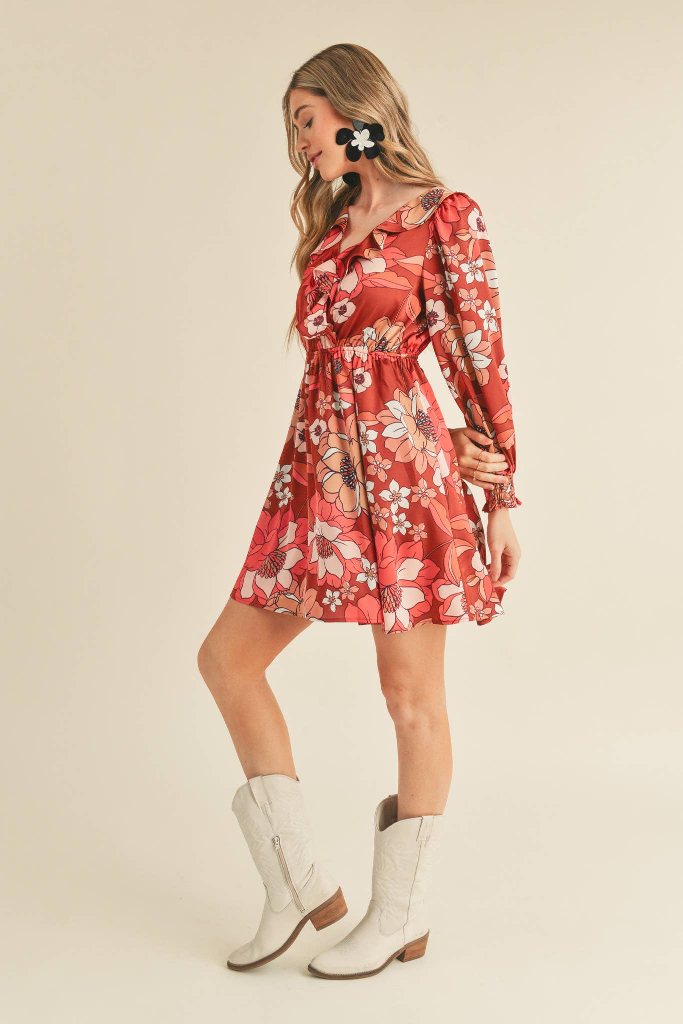 BRICK MULTI FLORAL EXCLUSIVE PRINT RUFFLE TRIM MINI DRESS MDR2675 for wholesale on Faire8