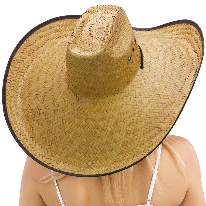 Natural Dark Brown Eyeleted Biggs Extra Wide Retro Brim Straw Cowboy Hat for wholesale on Faire