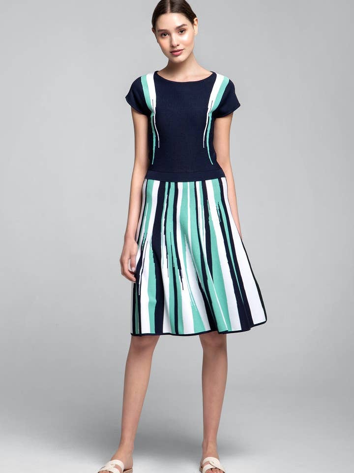 Iris striped knitted fit and flare dress in turquoise for wholesale by RUMOUR LONDON