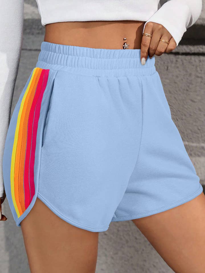 April Color Stripes Elastic High Waist Active Shorts for wholesale by Threaded Pear
