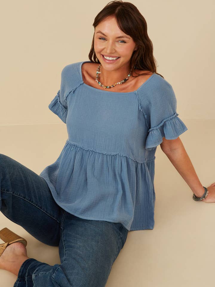 Womens Washed Gauze Textured Fray Detail Top for wholesale by Hayden LA