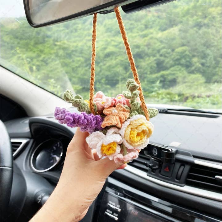 Crochet Flower Pot Car Mirror Hanging Charm, Car Plant Decor for wholesale by TOMOPOD LLC