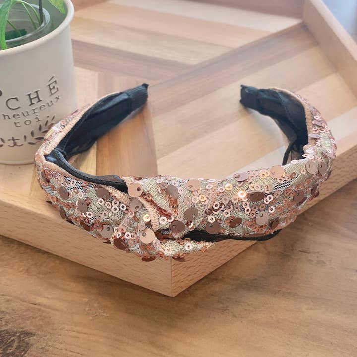 Giggle with Love - Wholesale Haarband - Dames - Glanzende hoofdband met pailletten, roségouden retro tulband, glanzende feesthoofddoek, dansend haarstuk, kerstcadeaus