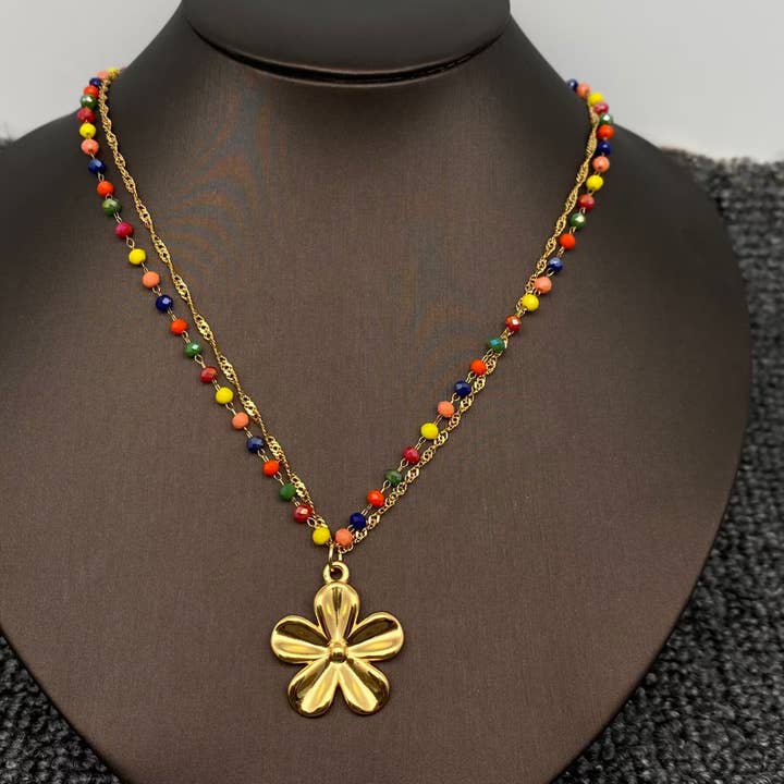 Mio Queena - Wholesale Pendant/Charm Necklace - 18K Golden Flower Beaded Chain Double Layer Necklace - FGS