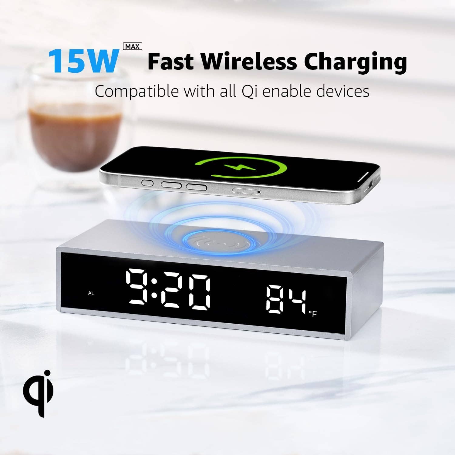 Funky Rico Inc – wholesale Desk clock – Wireless Charging With Alarm Clock - White6