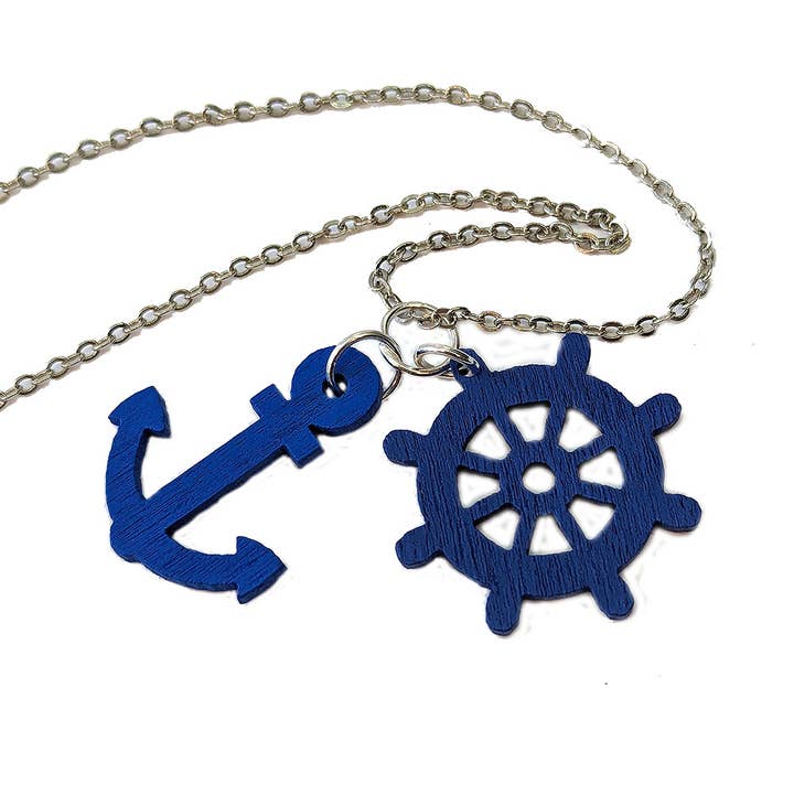 Navy Blue Nautical Anchor Ship Wheel Wood Pendant Necklace for wholesale by Stylish Jewelry Supply