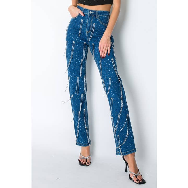Jean en denim extensible taille haute avec strass pour la vente par BNS
