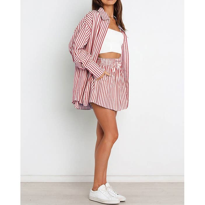 Mapcie - Wholesale Top & Pant Set (NOT Loungewear) - Women's - Striped Oversized Shirt and Drawstring Shorts Set7