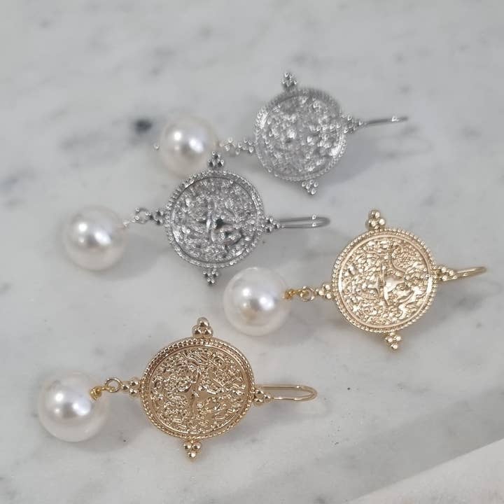 PearlGem Designs - Wholesale Dangle earrings - Goddess Greek Coin Shell Pearl Earrings3
