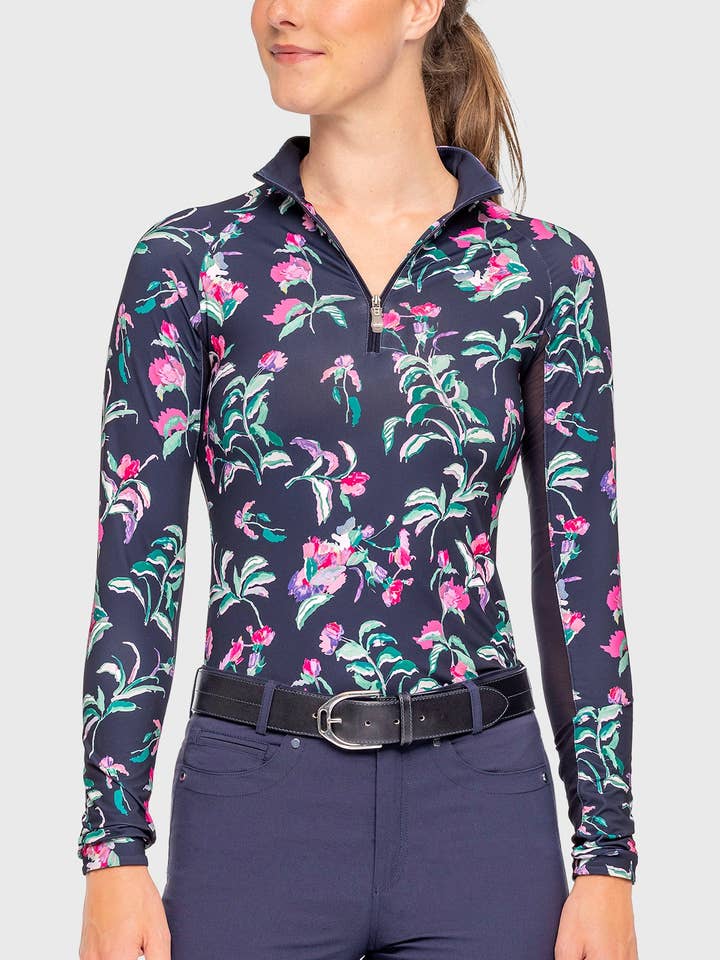 Långärmad marinblå trädgårdsblommor 1/4 dragkedja solskjorta för wholesale av Kastel Denmark