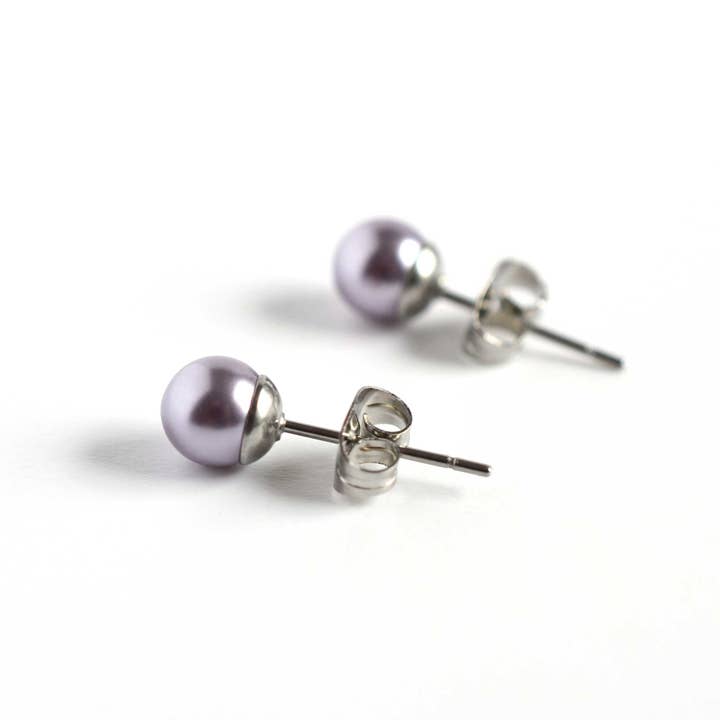 6mm Pale Purple Faux Pearl Stud Earrings, Hypoallergenic Surgical Steel, Minimalist Pearl Studs for wholesale by Little Gems Jewels
