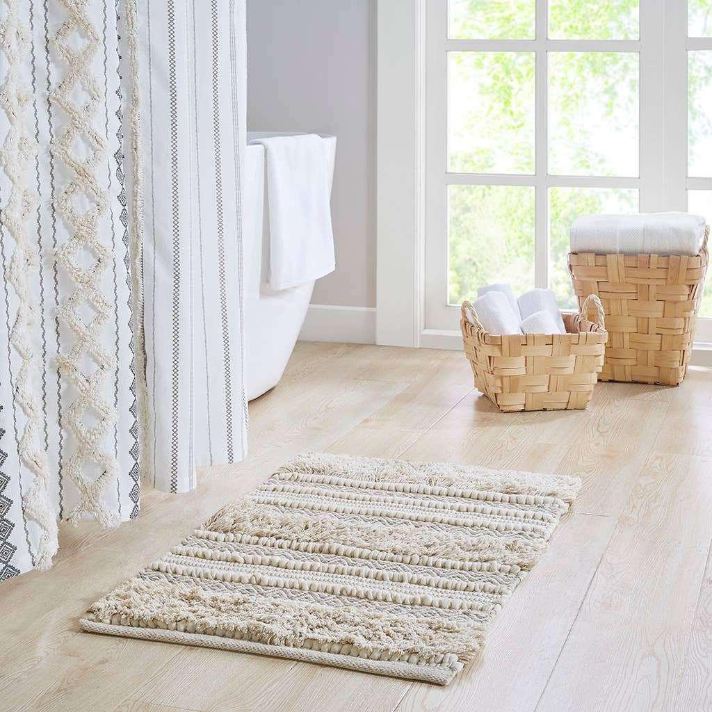Olliix - Wholesale Bath Mat - Hand-Woven Shaggy Boho Bath Rug, Natural/Taupe2