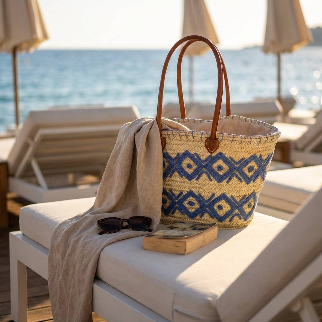 Melecraft - Vente Paniers - Cabas de marché en paille brodé d'arabesques avec poignées en cuir14