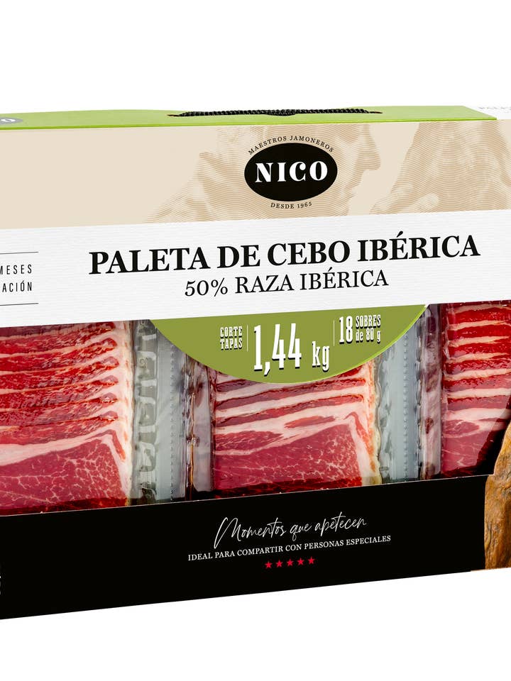 AFFETTATO SPALLA DI MAIALE IBERICO CEBO con 18 buste da 80 g per la vendita all'ingrosso da parte di NICO JAMONES