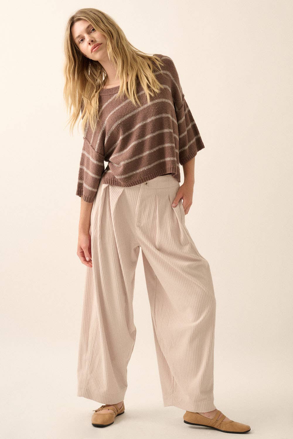 Promesa USA – Pulôver - Mulher por atacado – Suéter solto de malha listrada com decote em barco manga 3/415