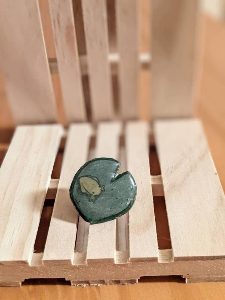 Frog & Lily Pad Handmade Pin for wholesale by Stewart Gaus Design