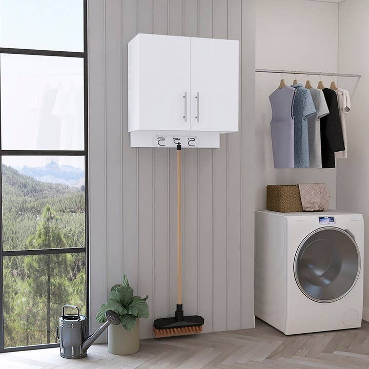 Blanc Armoire de rangement murale Kymo, 2 portes, porte-balais en vente sur Faire0