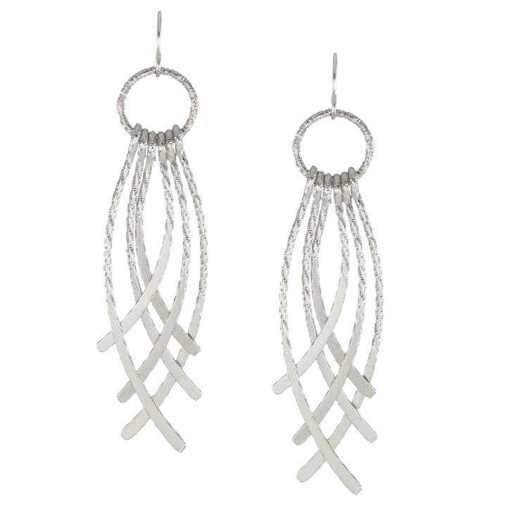 Beautiful Long SilverTextured and Hammered Drop Boho Statement Dangle Earrings, Platinum Ear Wires for wholesale by Jewelry by Dawn