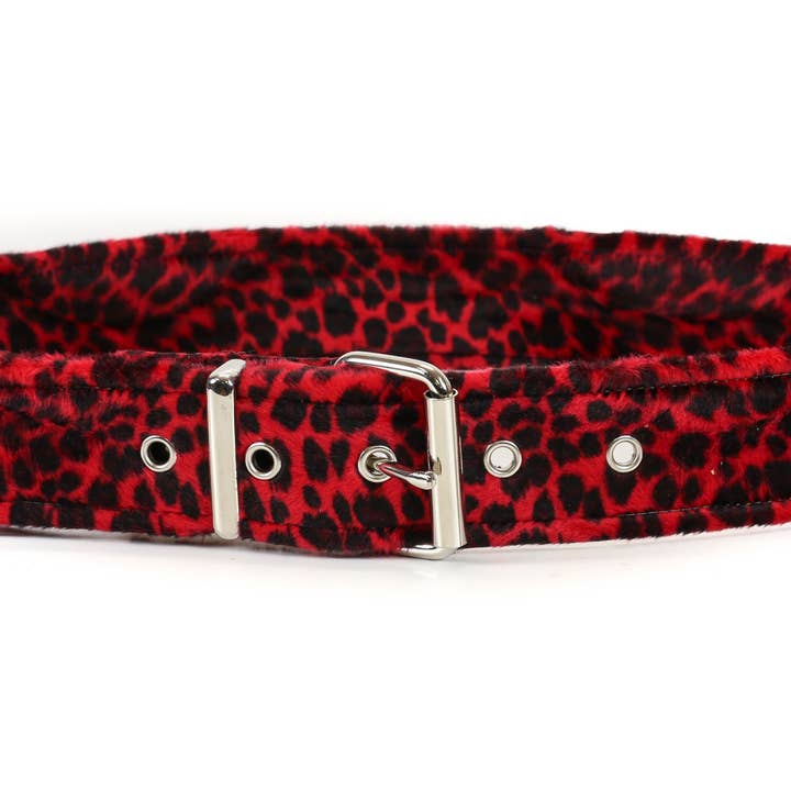 BT100L-RED 1 3/4" RØD PLYSET LEOPARD-DYREPRINT SIMPELT BÆLTE for engroshandel hos Funk Plus