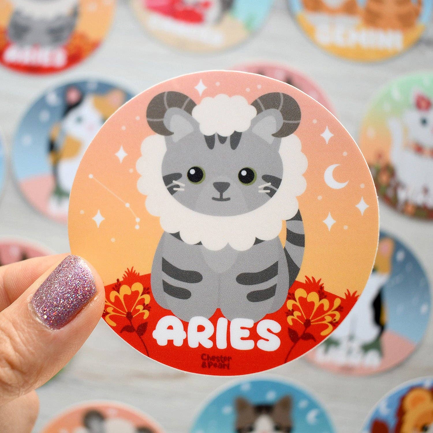 Chester and Pearl - Wholesale Sticker - Aries Zodiac 3-in. Vinyl Cat Sticker0
