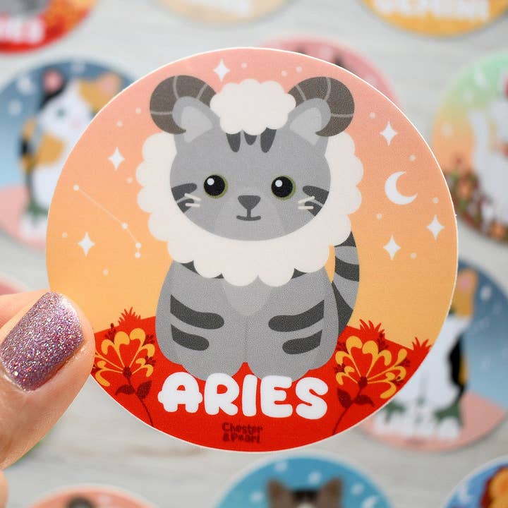 Chester and Pearl - Wholesale Sticker - Aries Zodiac 3-in. Vinyl Cat Sticker0
