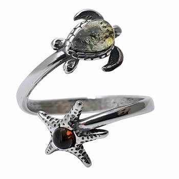 Zeeschilpad en Zeester Veelkleurige Amber Verstelbare Ring voor wholesale door Amberman