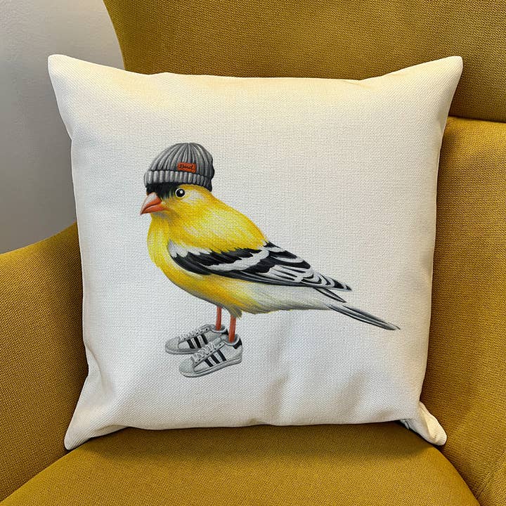 PIllow cover - Goldfinch wearing running shoes for wholesale by Sardines Studio