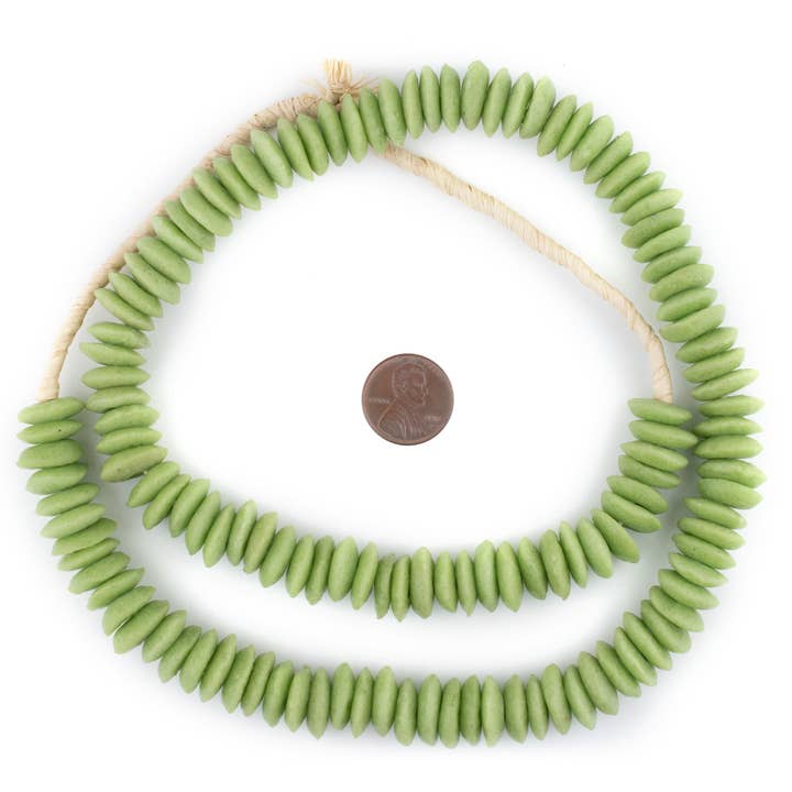 Lime Green Ashanti Glass Saucer Beads for wholesale by The Bead Chest