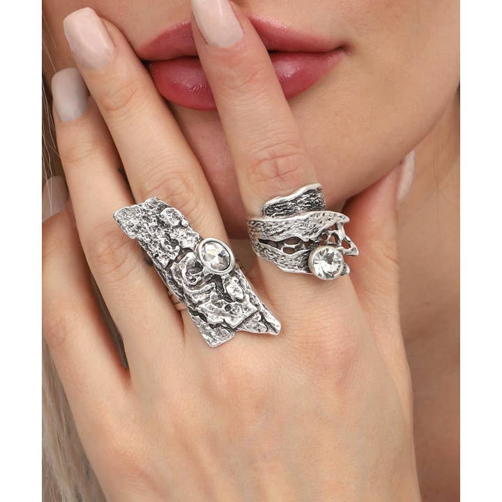 AVENS - Vendita all'ingrosso Anelli multipietra - Set di anelli combinati Leafs Design con pietra di cristallo bianca