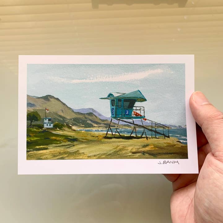 Malibu- Leo Carrillo Beach - ART PRINT - Turquoise Lifeguard for wholesale by doodle dose