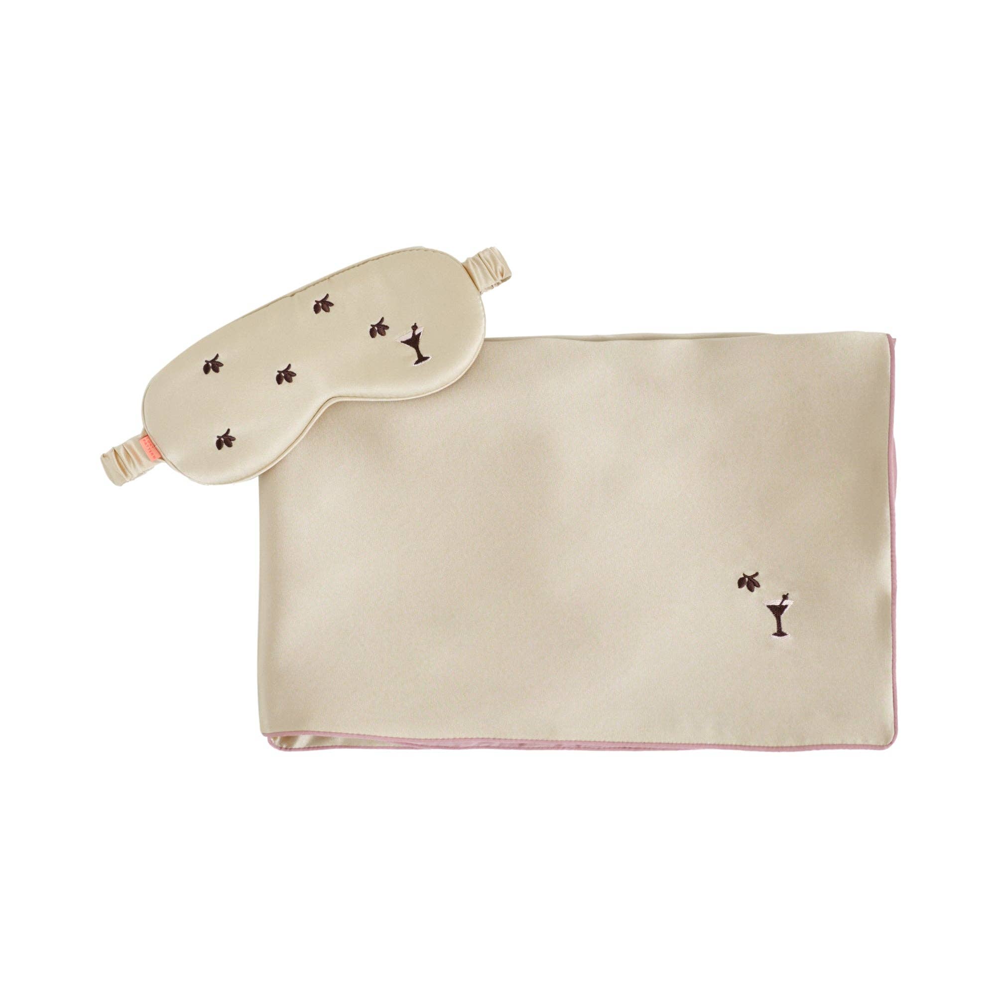 "Martini" 2 Piece Silk Gift Set: Silk Pillowcase & Silk Sleep Eye Mask - Champagne for wholesale on Faire1