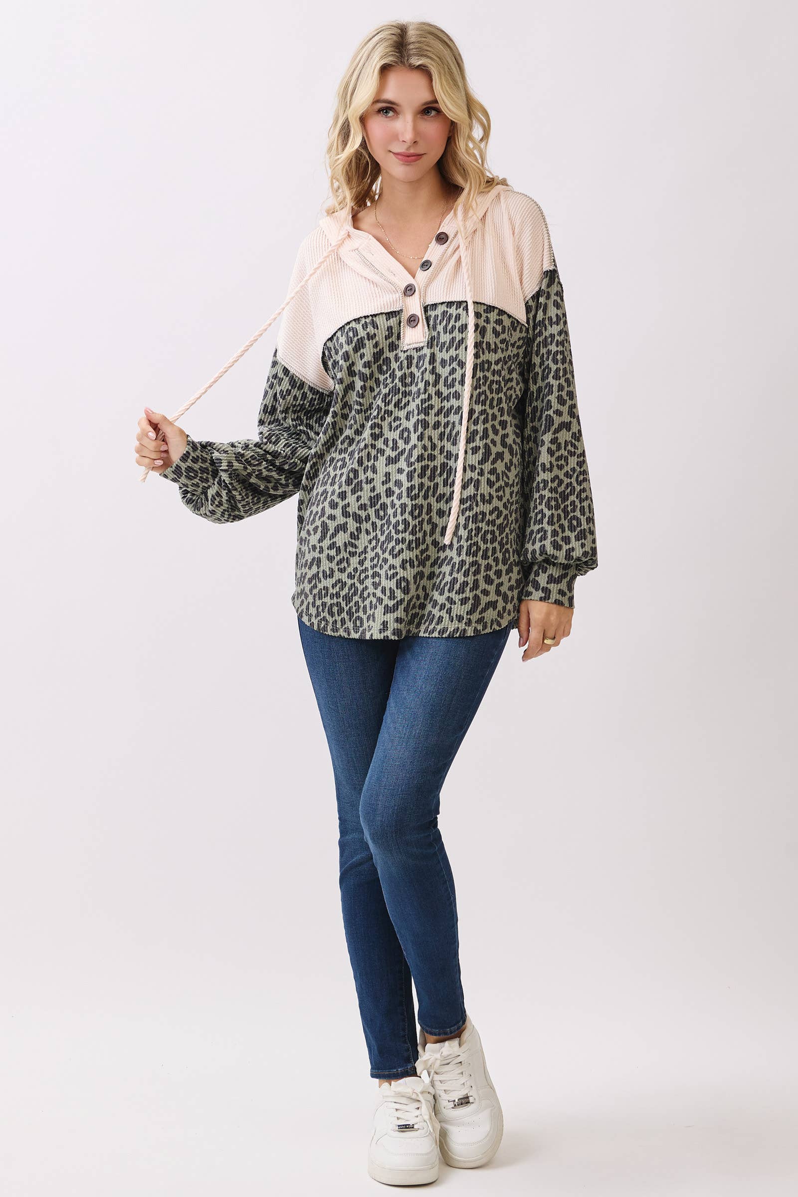 7th Ray - Wholesale Hoodie - Women's - Leopard Print Button Front Drawstring Hoodie T61158