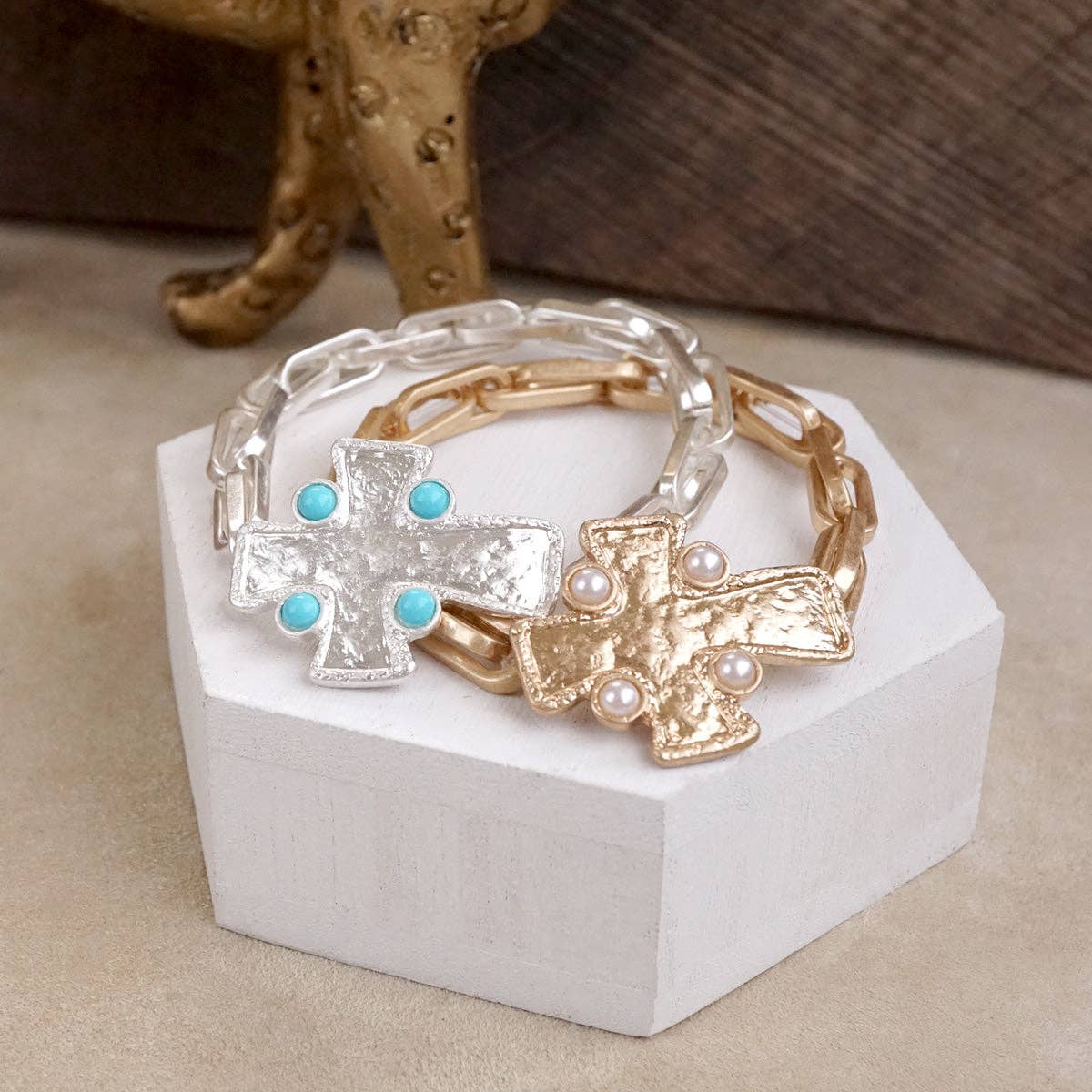 PennyLine inc - Wholesale Charm/Dangle Bracelet - Sacred Shape – Sideways Hammered Cross Stretch Chain Bracelet2