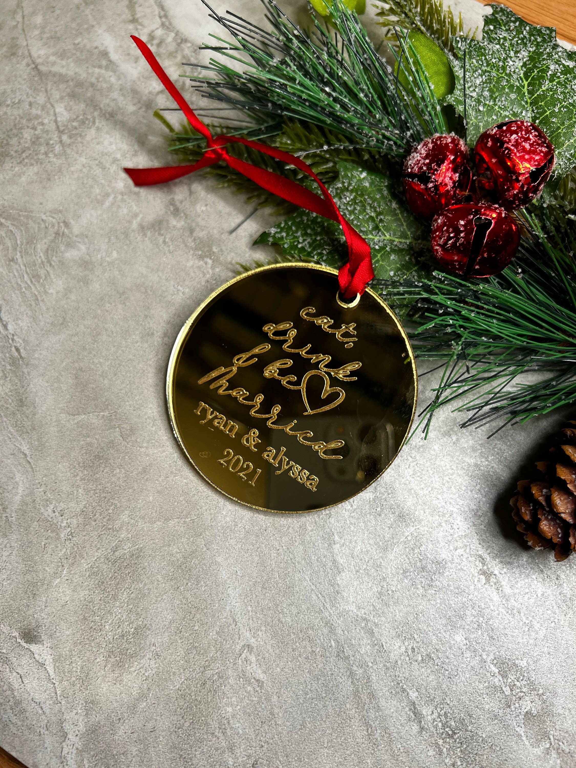 Crafts By Chelle Us - Wholesale Ornament - Eat, Drink and Be Married Christmas Ornament | Custom Ornament | Keepsake Ornament | Married 2021 | Wood Ornament2