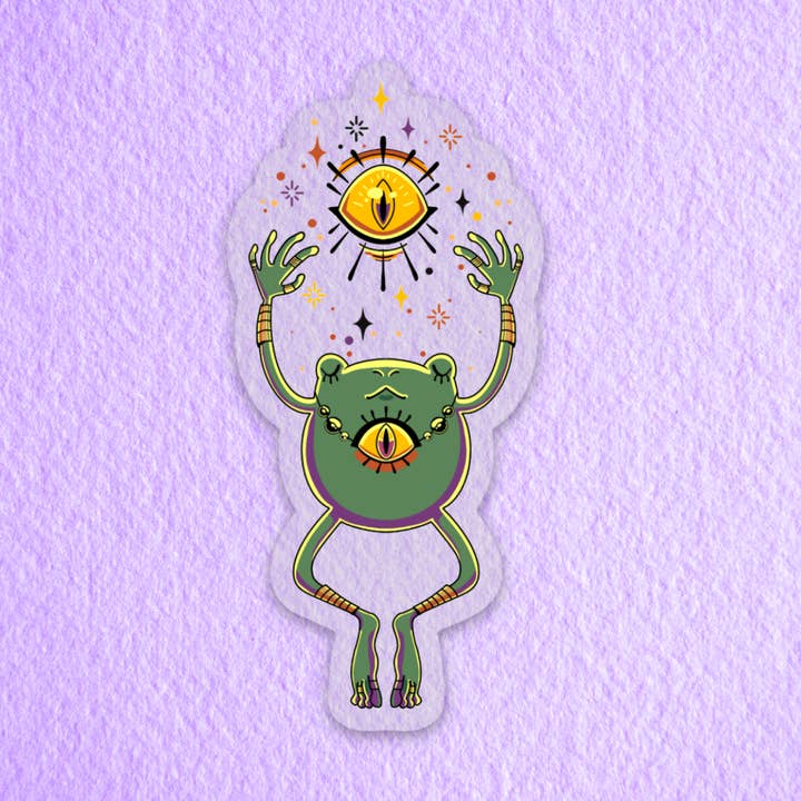 Meditating Guru Frog Transparent Vinyl Sticker for wholesale by Owlybear Art