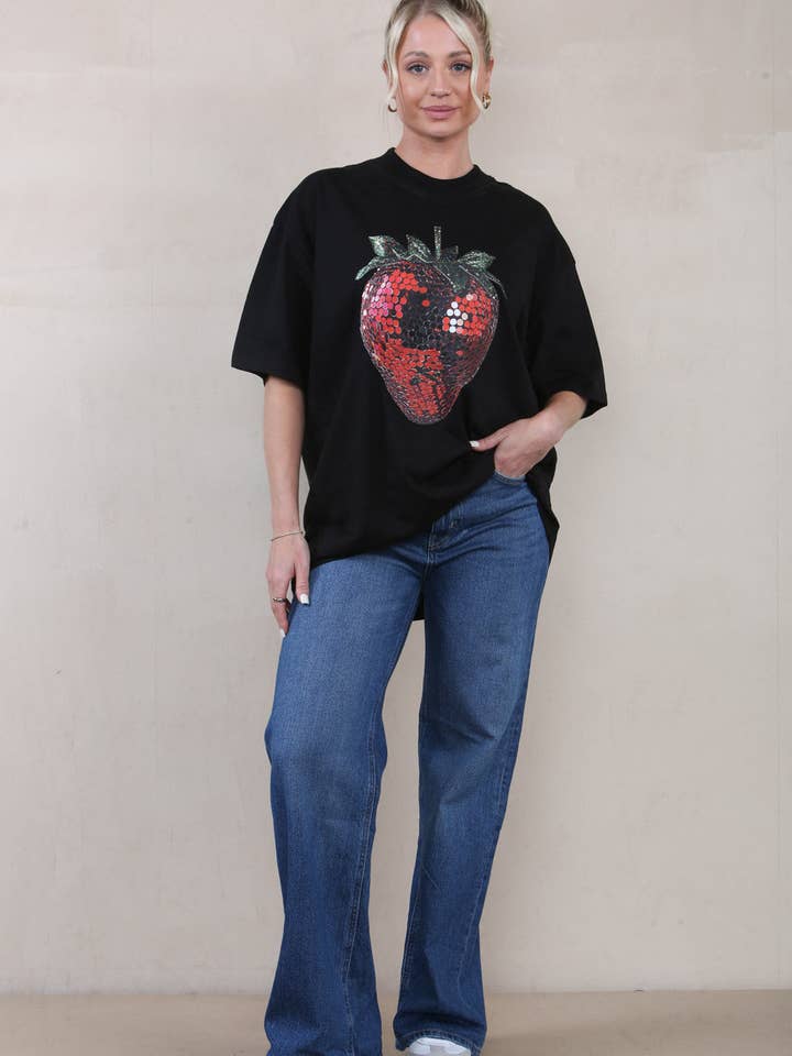 Women 220GSM Oversize T-Shirt In Disco Strawberry Print for wholesale by Missi Clothing