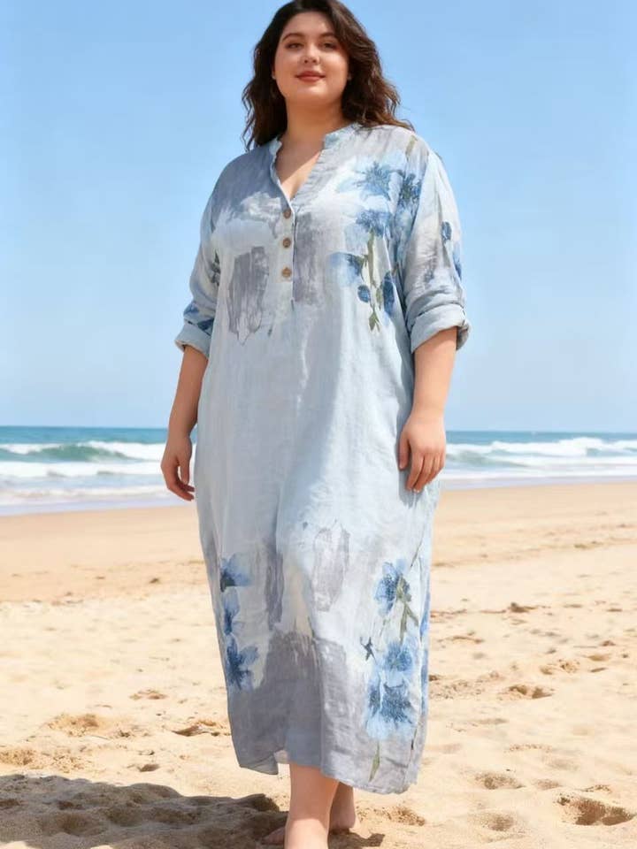 Lea & Luc - Grandes Tailles - Wholesale Jurk - Dames - Jurk met bloemenprint van 100% linnen REF. 7223020