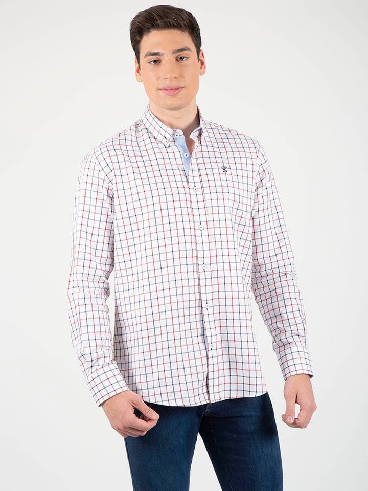 Solera – Camisa de botões - Homem por atacado – Camisa xadrez vermelha Viyela azul marinho