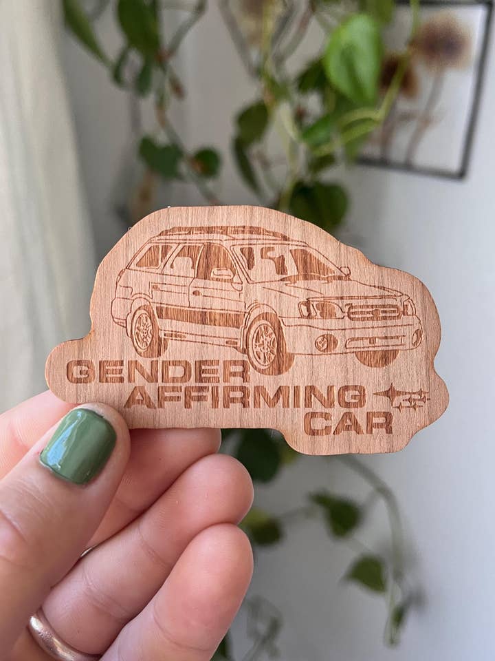 Gender Affirming Subaru Cherry Wood Car Sticker for wholesale by Owlhaired Designs