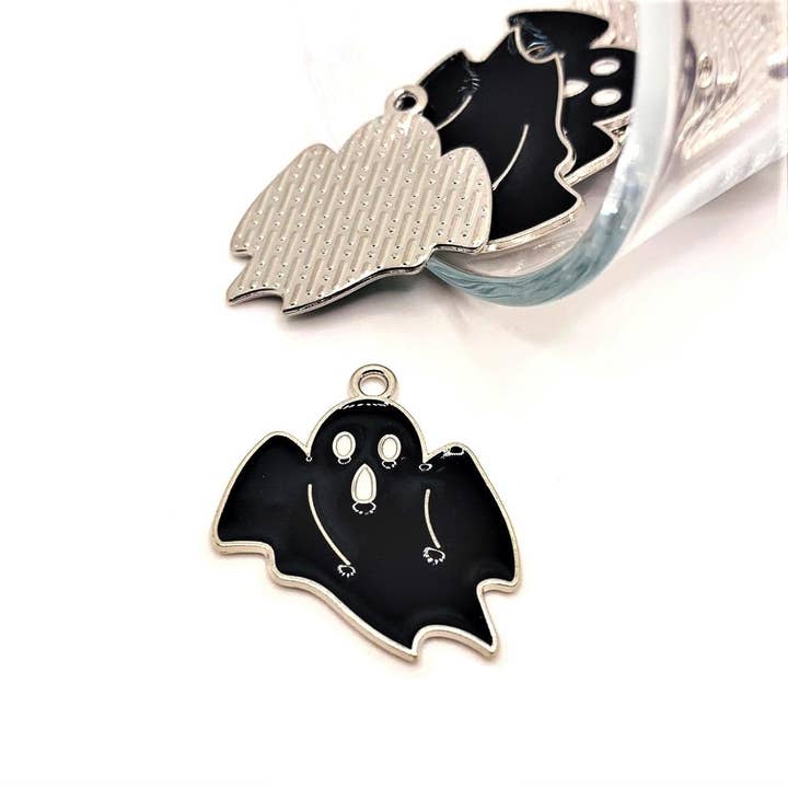 Black Enamel Halloween Ghost Charm, 26x23mm for wholesale by Guerrilla Charm