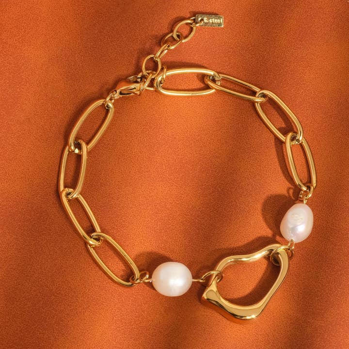 Yellow Gold Katia 18K Non-Tarnish Classic Pearl Chain Bracelet for wholesale on Faire3