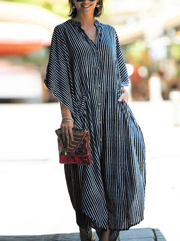 Sheer Trend - Wholesale Dress - Women's - Batwing Sleeves Half Sleeves Buttoned Pockets Striped Round-Neck Beach Cover-Up Maxi Dresses17