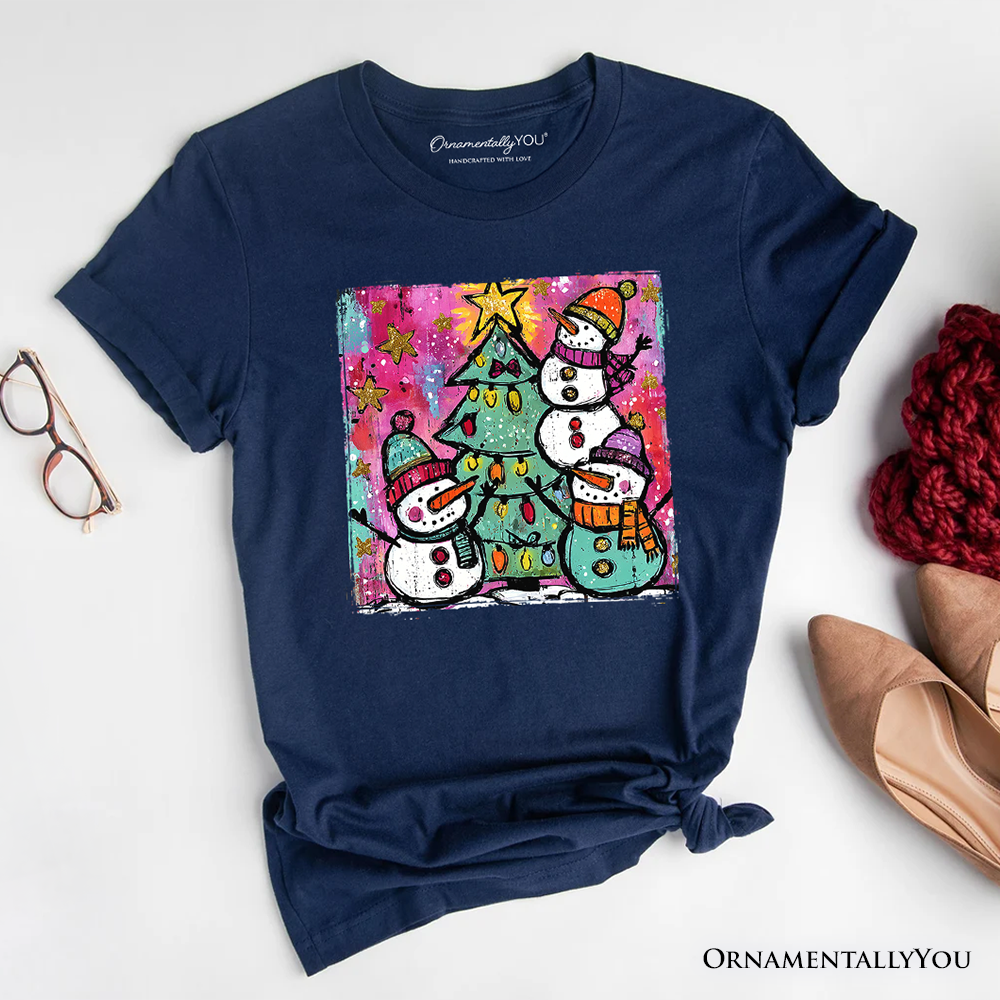 OrnamentallyYou - Vente T-shirt sérigraphié – femme - T-shirt Arbre de Noël Bonhommes de Neige Aquarelle, Vacances Vintage1