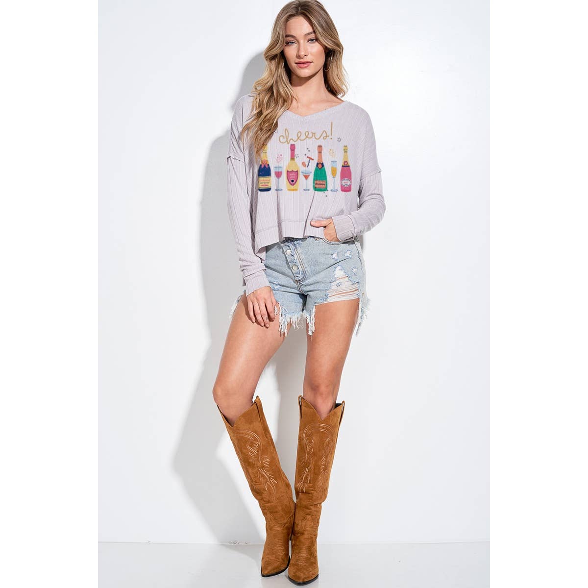 Phil Love – Großhandel T-Shirt mit Siebdruck – Damen – Feiertags-Champagnerflaschen-Langarmshirt mit V-Ausschnitt 10