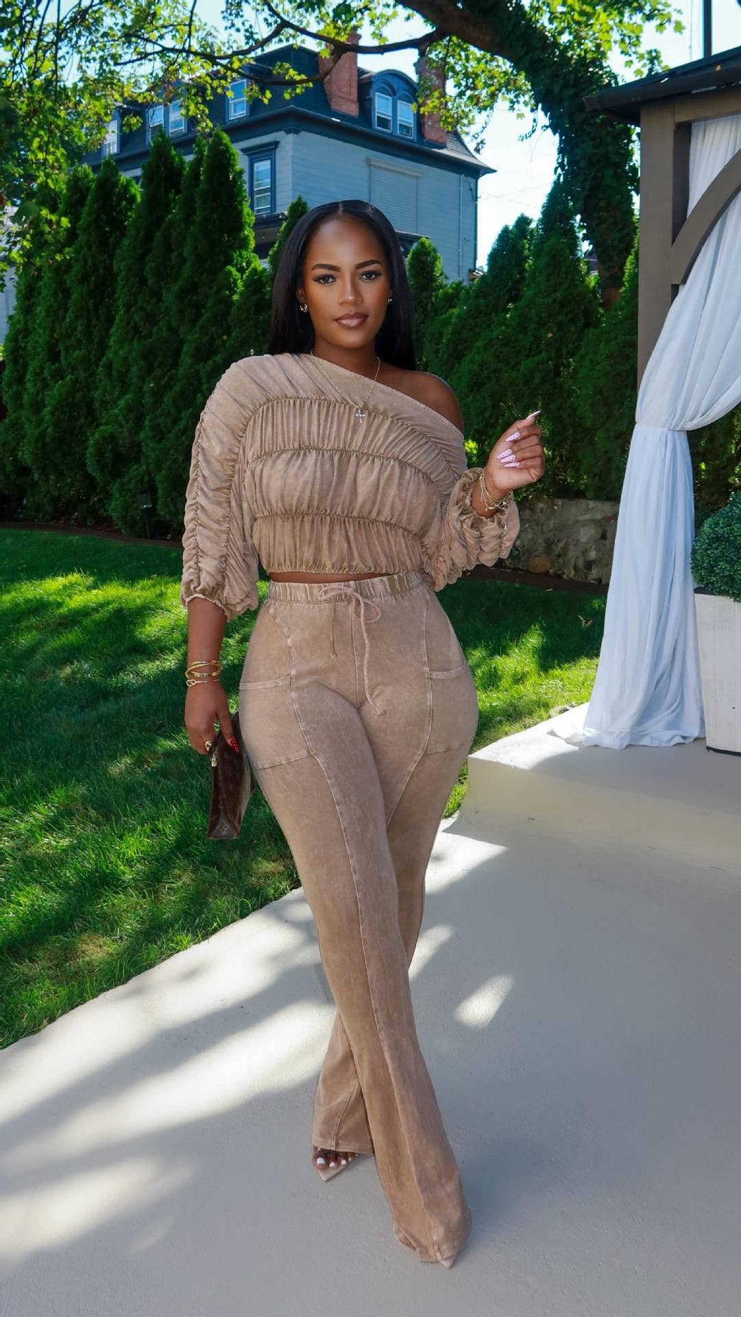 MB Fashion Wholesale - Wholesale Top & Pant Set (NOT Loungewear) - Women's - MB FASHION Ruched Off-Shoulder Top & High-Waist Flared Pants Set 953210