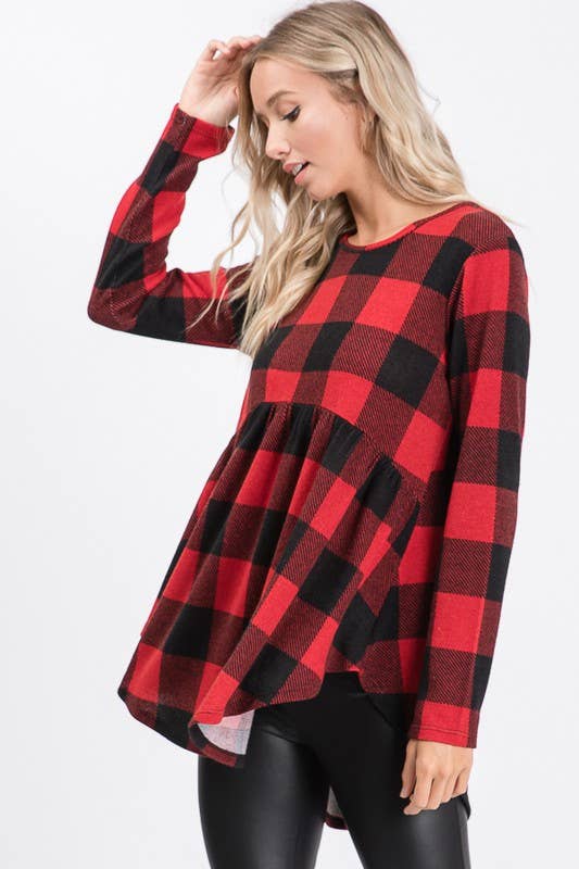 Terracotta & Mustard Plaid Color Block Babydoll Shirt