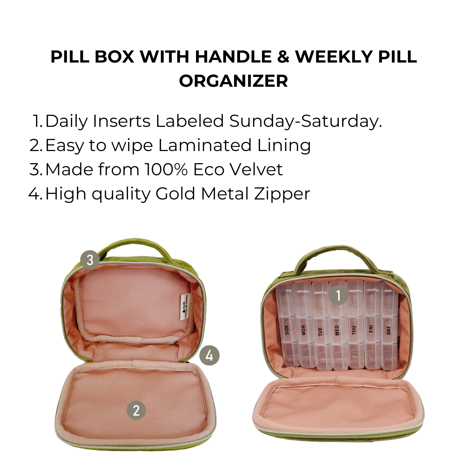 Bag-all Europe - Wholesale Pill Organizer - Large Pill Box w Daily Inserts – Eco Velvet – Green4