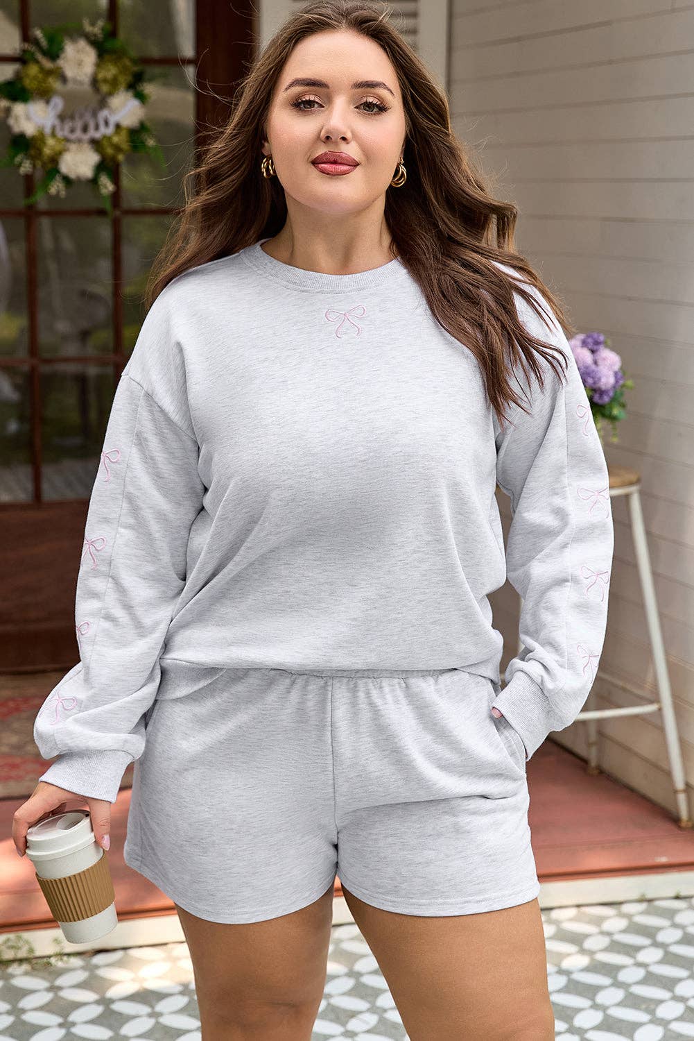 Light Grey LALALOO Plus Size Bow Embroidered Pullover and Shorts Set for wholesale on Faire4