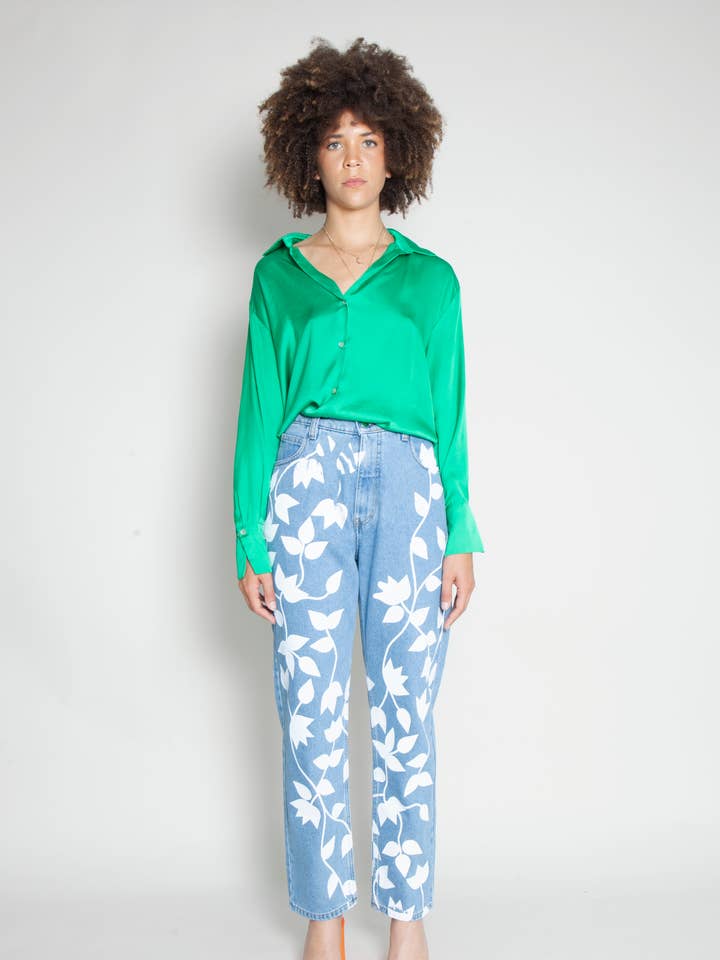 High Waisted Organic & Recycled White Petal Blue Jeans for wholesale by FANFARE LABEL