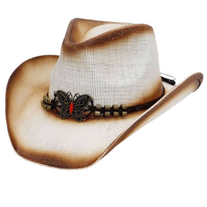 Cap Zone - Wholesale Cowboy Hat - Women's - Butterfly Emblem Waxed String Straw Cowboy Hat8